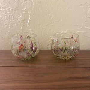Crackle Floral/Bee Glass Votive Candle Holders 
 - Set of 2